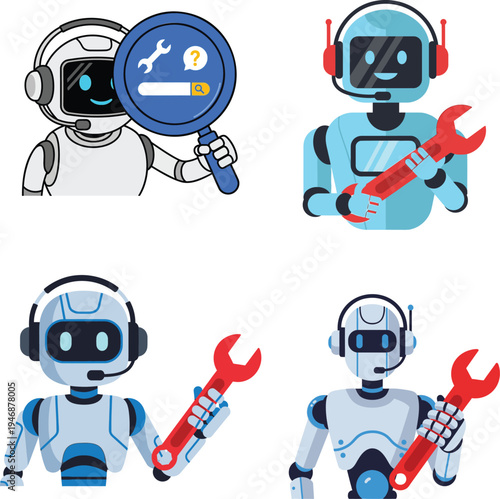 Four robots with tools on in cartoon style