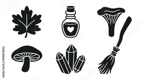 A whimsical collection of black silhouette vector icons featuring mystical elements like leaves, potion, mushrooms, crystals, and a broom. Ideal for magic, nature, or Halloween designs.
