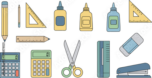 School and office stationery vector icon set including pencil, ruler, calculator, scissors, glue, eraser and stapler, colorful education supply illustration