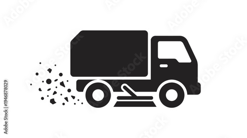 Black vector icon of a street sweeper truck, symbolizing road cleaning, urban maintenance, and debris removal. Ideal for municipal services or environmental concepts.