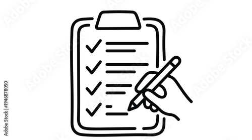 Minimalist vector illustration of a hand writing on a checklist clipboard with check marks. Ideal for task management, planning, surveys, or completed work concepts.