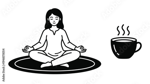 Minimalist black and white vector of a woman meditating peacefully beside a steaming cup. Ideal for mindfulness, wellness, relaxation, and self-care concepts.