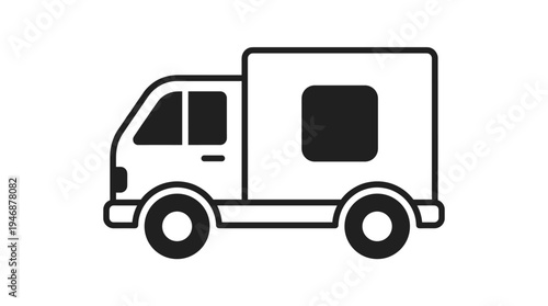 A simple, black line art icon of a delivery truck or van. This minimalist vector graphic is perfect for logistics, shipping services, e-commerce, and transport-related designs.