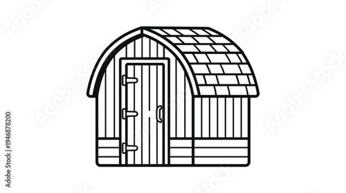 A simple black line art icon of a wooden garden shed. This minimalist vector is perfect for landscaping logos, storage websites, building plans, and gardening concepts.