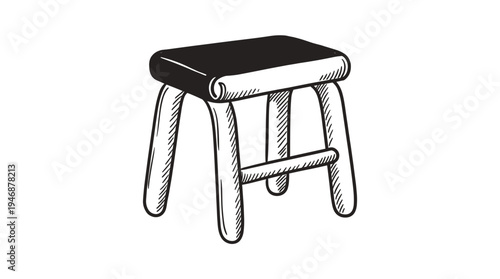 A simple, hand-drawn sketch of a four-legged stool. This minimalist black and white line art is perfect for icons, furniture concepts, and rustic or vintage design projects.