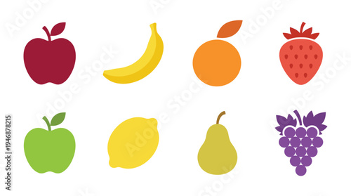 A colorful set of various fruit icons for a healthy diet and lifestyle. Flat simple vector design elements for web, app, or print. Apple, banana, strawberry, grapes.