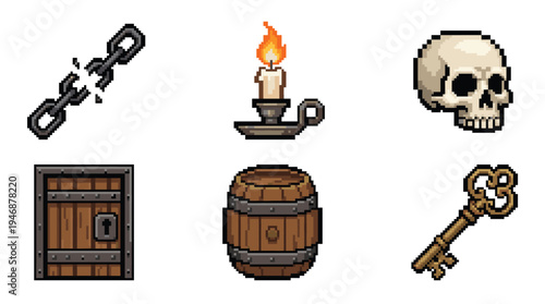 A set of pixel art icons for a fantasy RPG or dungeon adventure game. Includes skull, key, broken chain, candle, barrel, and door. Retro 8-bit style for game development.