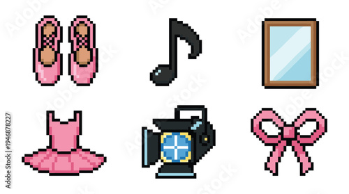 A set of cute pixel art icons for ballet and theater, including pointe shoes, tutu, and spotlight. Perfect for game assets or retro design projects.