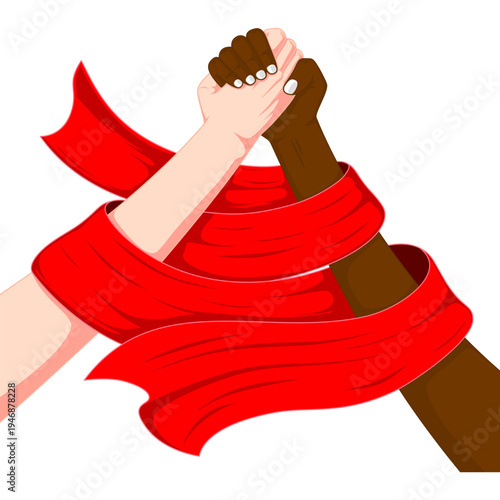 Multiracial hands holding together with a red ribbon for anti-bullying awareness, unity, support, and friendship symbol on transparent background