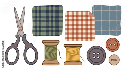 A vector set of sewing supplies for handmade crafts. Includes scissors, plaid fabric, thread, and buttons. Perfect for DIY projects, hobbies, and tailor shop branding.