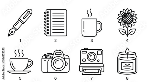 A versatile set of minimalist line art icons for creative work, daily essentials, and lifestyle. Perfect for web, app, or branding design, conveying simplicity and modern style.