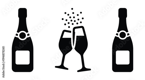 A set of black vector icons for celebration. Includes a champagne bottle and two toasting glasses with bubbles. Perfect for party invitations, new year events, or success concepts.
