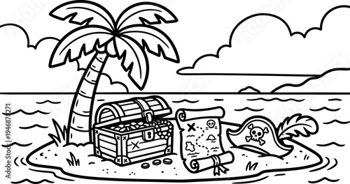 Black and white line art pirate treasure chest with map and hat on small island with palm tree ocean background vector illustration