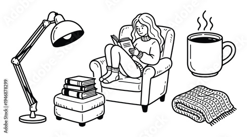 A cozy doodle set for a relaxing evening at home. A girl reads a book in a comfy armchair with a hot drink, lamp, and warm blanket. Perfect for hygge lifestyle concepts.