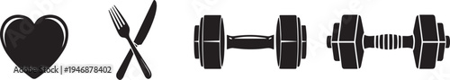 Black fork and knife, love, dumbbel icon black and white, Vector design.
