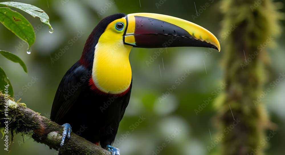 Obraz premium A large black and yellow toucan with a huge beak