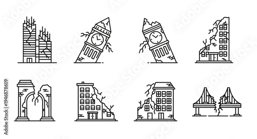 Earthquake Damaged Buildings Line Art Icons Set.