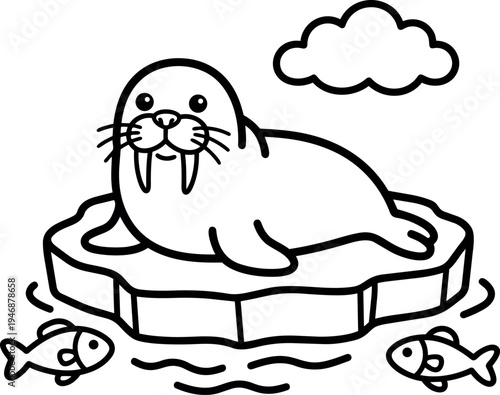 Black and white line art walrus resting on flat ice floe with two fish swimming under cloud in ocean vector