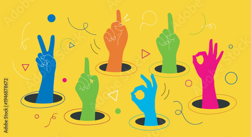 Colorful diverse hands making gestures from holes on eps 10