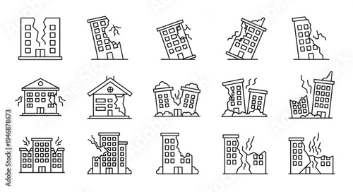 Earthquake Damage - Building Collapse and Structural Failure Icons.