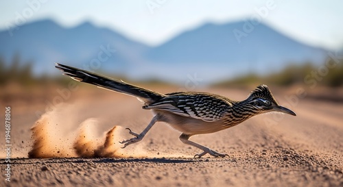 A roadrunner runs across a desert landscape