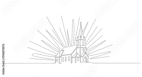 Minimalist Church Silhouette with Sunburst - One Line Drawing