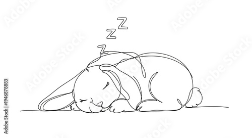 Sleeping Bunny Rabbit Line Art, Peaceful Animal Resting