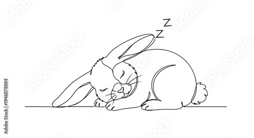 Cute Bunny Sleeping Peacefully, Simple Line Art Illustration