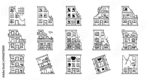 Collection of Distressed Building Illustrations for Urban Decay Concepts.