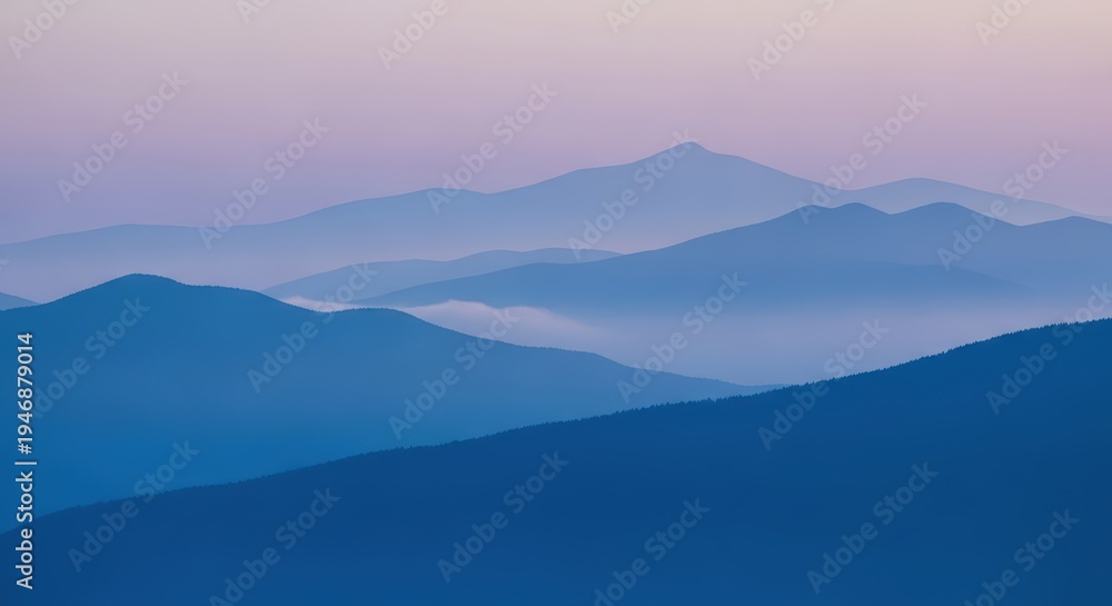 Obraz premium Misty Mountain Layers at Sunrise: Blue Hues and Soft Light