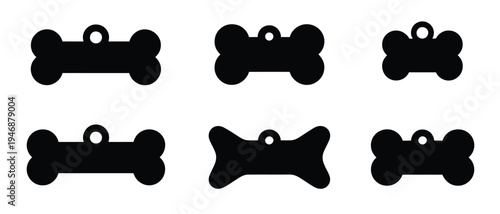 Dog bone tag icons, featuring vector illustrations of dog collar tags, ideal for pet ID, accessories, and animal-themed design projects.