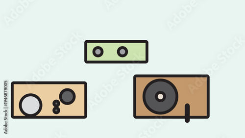 Stylized Minimalist Audio Equipment Set Turntable, Amplifier, and Speaker System Design