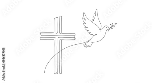 Christian Cross and Dove with Olive Branch - Minimalist Line Art