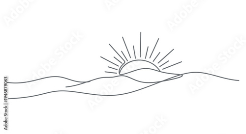 Minimalist Sunrise Landscape Line Art: Sun Rising Over Rolling Hills