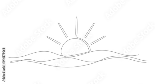 Minimalist Sunrise Over Ocean Waves Line Art Drawing