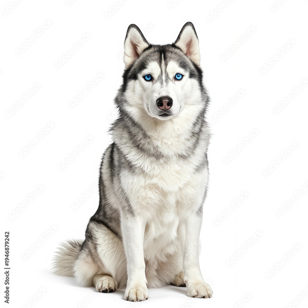 Fototapeta premium Siberian Husky Dog Sitting Isolated on White Background Studio Portrait