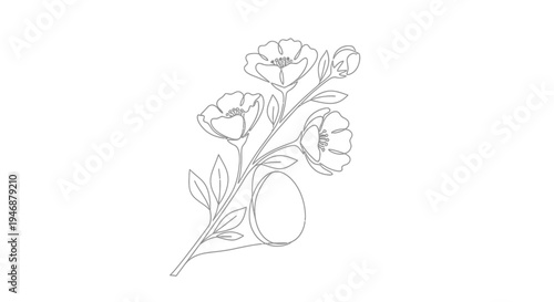 Easter Egg and Blooming Flowers Outline Drawing