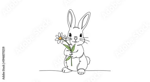 Cute Bunny Holding a Daisy Flower, Line Art Illustration
