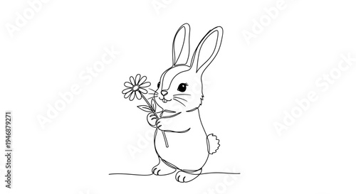 Cute Bunny Holding a Daisy Flower, Hand-Drawn Line Art Illustration