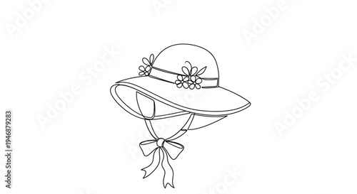 Vintage Sun Hat with Flowers and Ribbon - Line Art Illustration