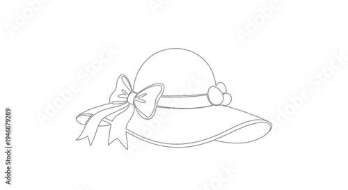 Elegant Summer Hat Outline with Bow and Flowers - Vector Art