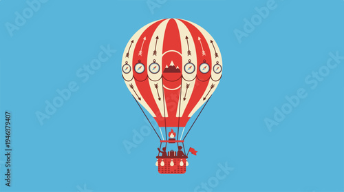 Colorful hot air balloon soaring high in the clear blue sky.