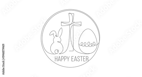 Happy Easter single line drawing: cross, bunny, egg in circle