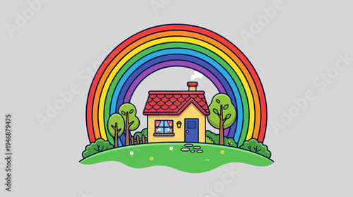 Colorful rainbow arches over a charming house on a green hill.