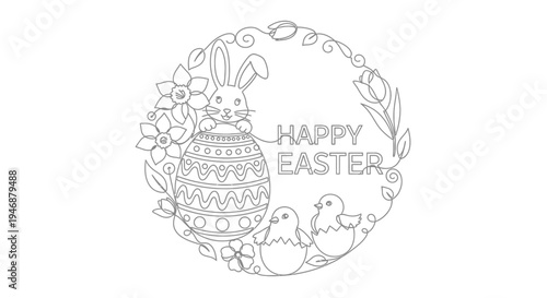 Easter Bunny, Egg, Chicks, Flowers Outline Wreath - Happy Easter Greeting