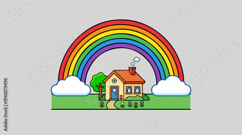 Colorful rainbow arches over a charming house with a garden.