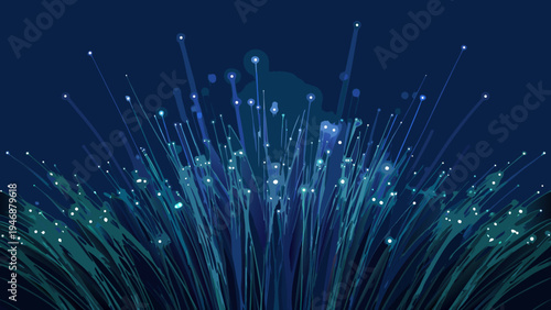 Abstract glowing lines and particles against a dark blue background