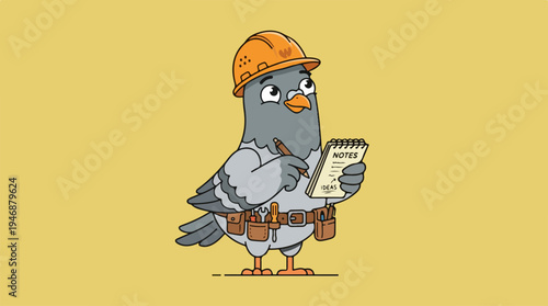 Construction worker pigeon taking notes on a notepad with a yellow background.