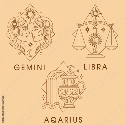 Air zodiac signs set: Gemini, Libra, Aquarius
