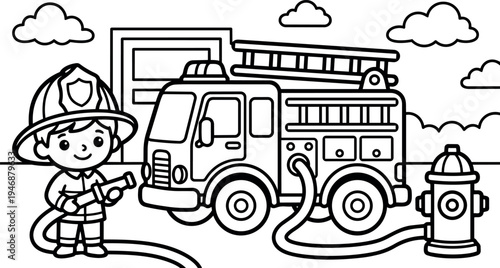 Cute smiling firefighter boy holding hose near fire truck and fire hydrant with clouds in sky vector art black and white coloring page